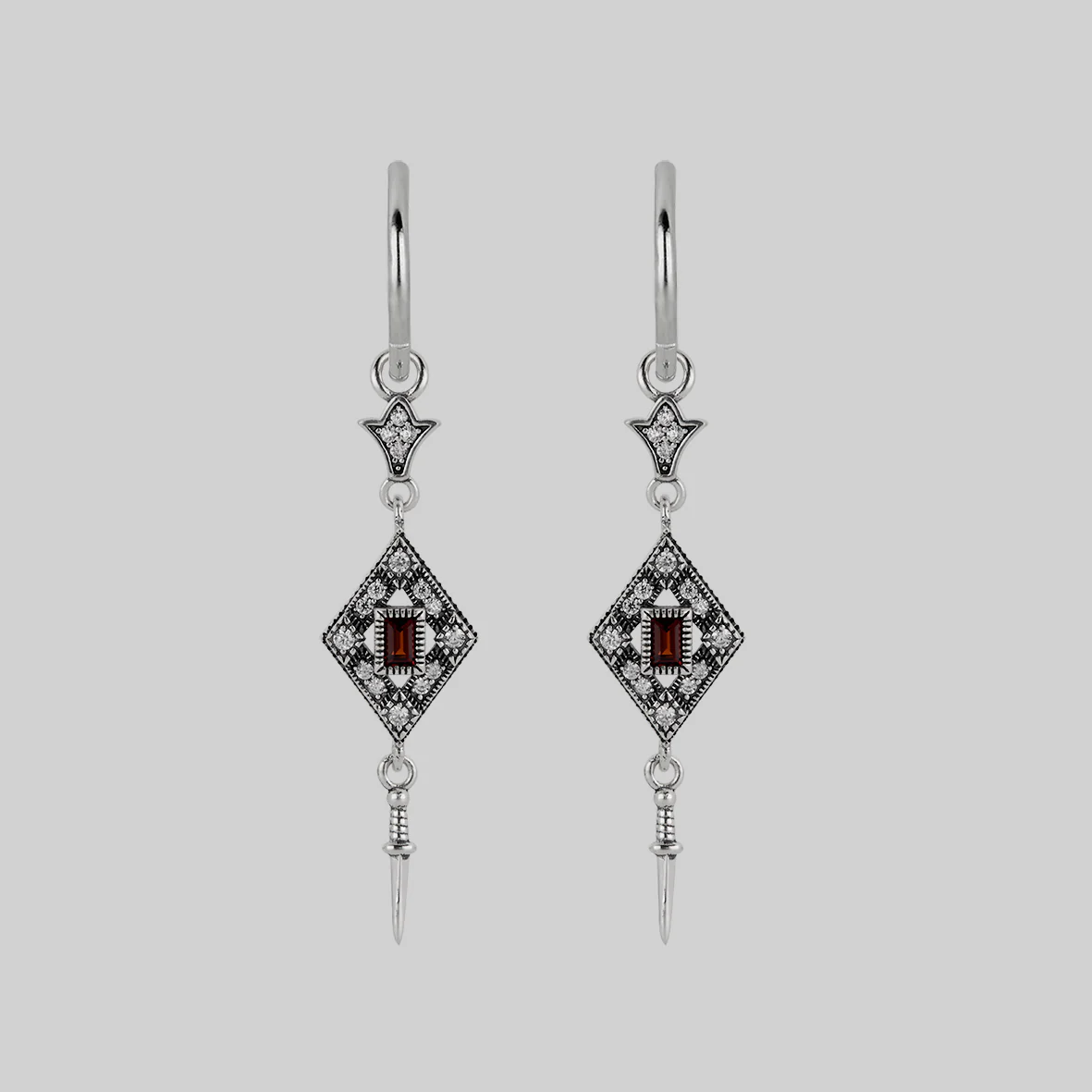 FLAPPER. Gatsby Garnet & Sword Hoop Earrings - Silver