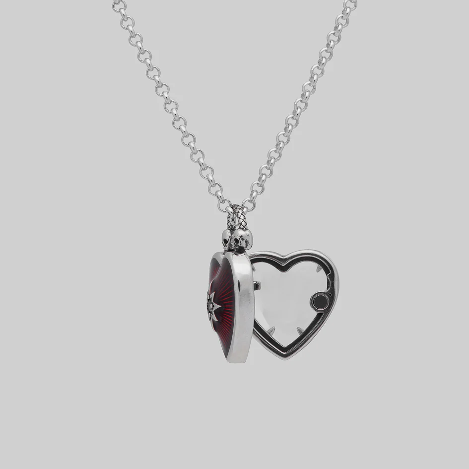 FOREVER YOURS. Red Enamel Heart Locket Necklace - Silver - Image 5