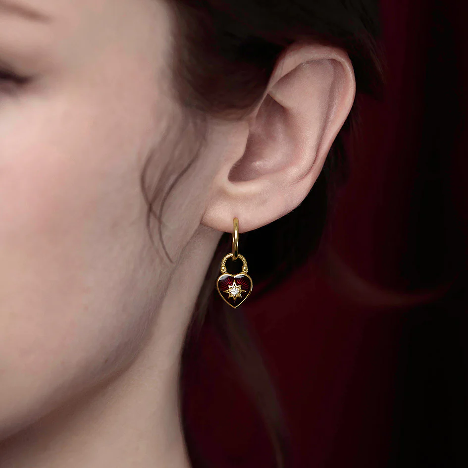 FOREVER YOURS. Red Enamel Heart Padlock Style Hoop Earrings - Gold