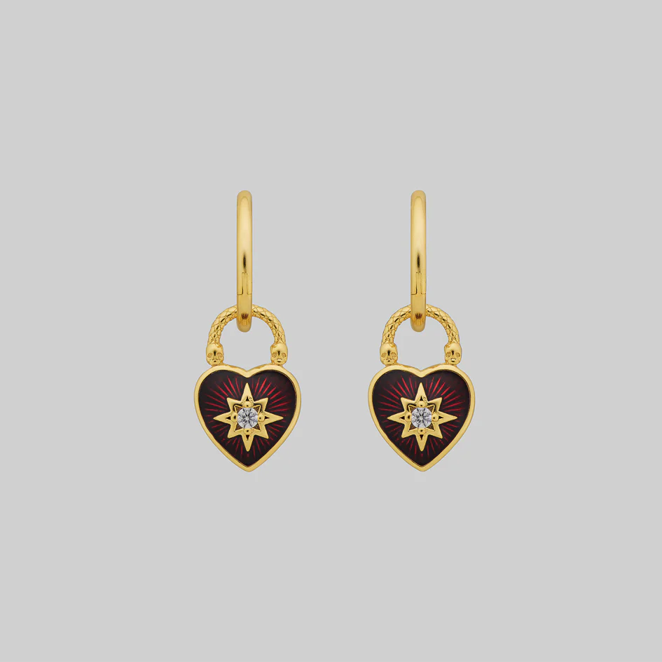 FOREVER YOURS. Red Enamel Heart Padlock Style Hoop Earrings - Gold - Image 2