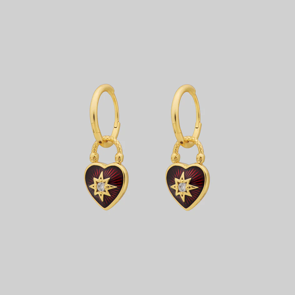 FOREVER YOURS. Red Enamel Heart Padlock Style Hoop Earrings - Gold - Image 3