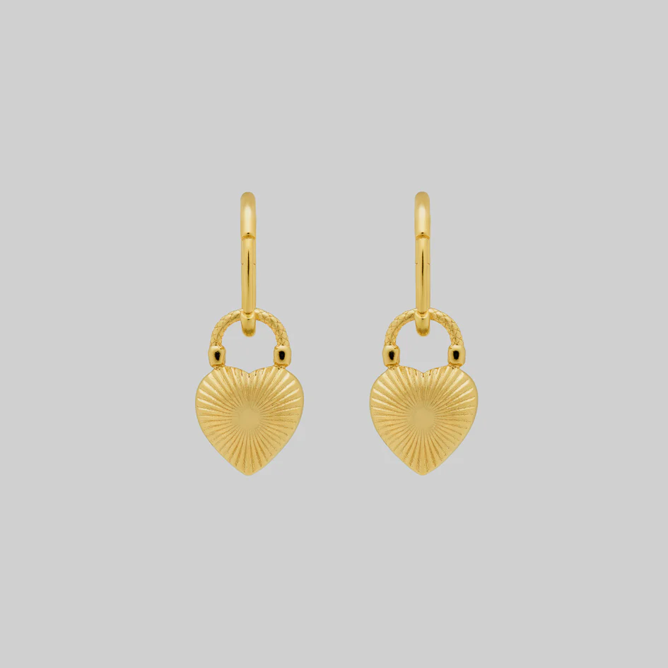 FOREVER YOURS. Red Enamel Heart Padlock Style Hoop Earrings - Gold - Image 4