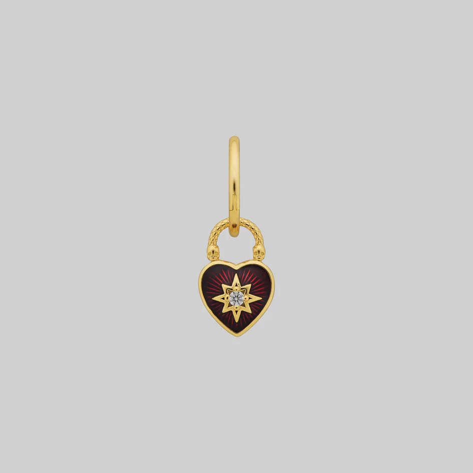 FOREVER YOURS. Red Enamel Heart Padlock Style Hoop Earrings - Gold - Image 5