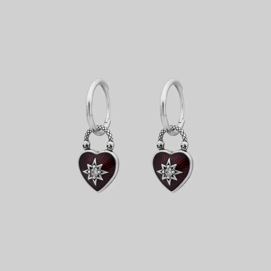 FOREVER YOURS. Red Enamel Heart Padlock Style Hoop Earrings - Silver - Image 3