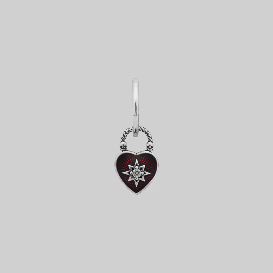 FOREVER YOURS. Red Enamel Heart Padlock Style Hoop Earrings - Silver - Image 5