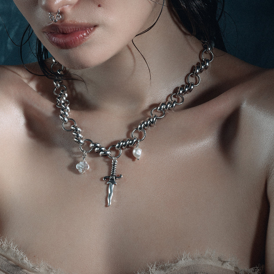FORTUNE. Dagger & Pearl Charm Necklace - Silver - Image 2