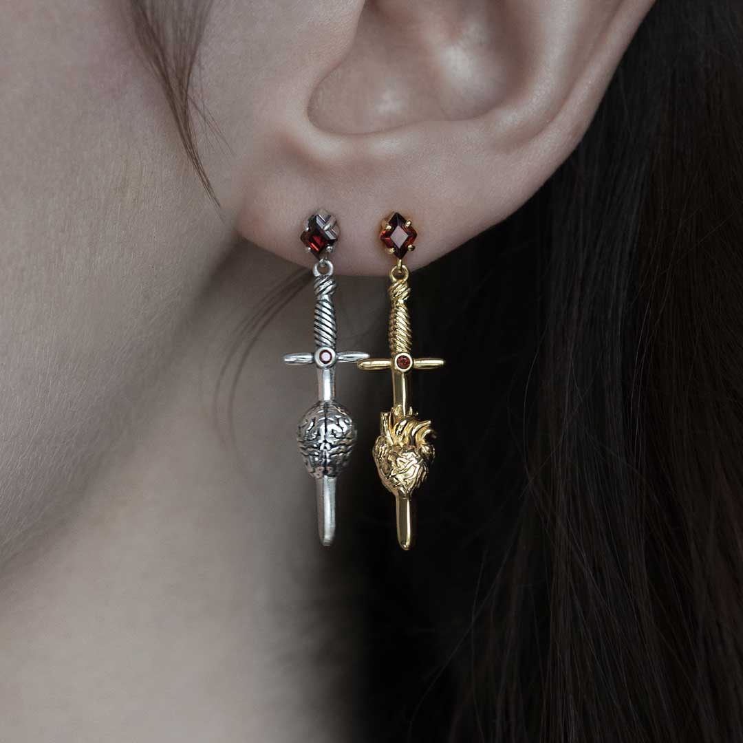 HEART & MIND. Heart & Brain Sword Earrings - Gold - Image 2