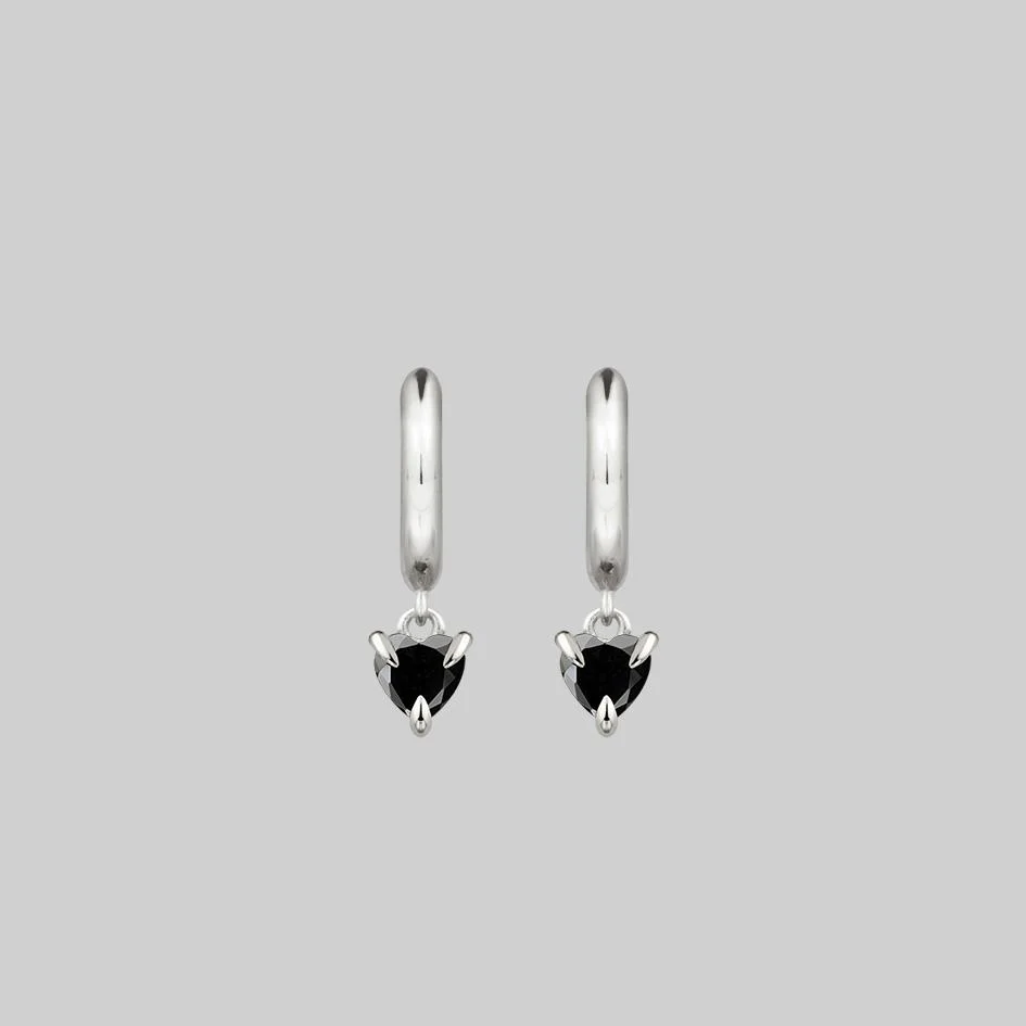 HEART & SOUL. Black Spinel Dangly Heart Hoop Earrings - Silver - Image 3