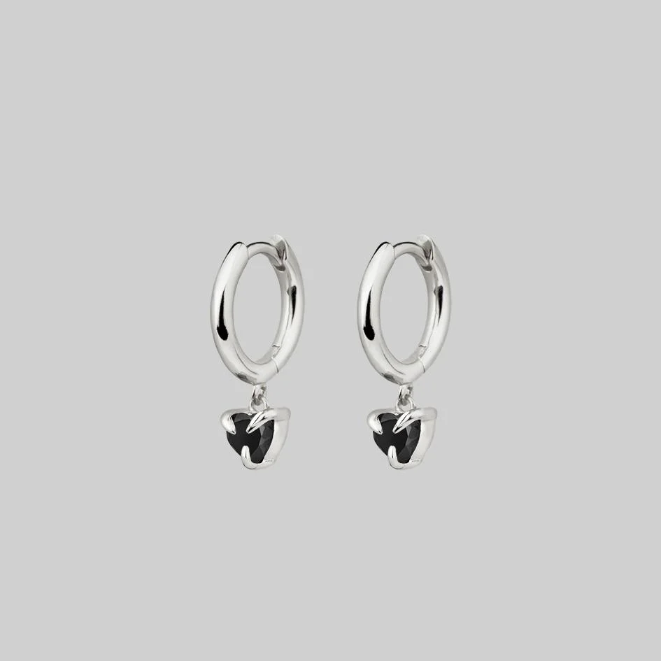 HEART & SOUL. Black Spinel Dangly Heart Hoop Earrings - Silver - Image 4