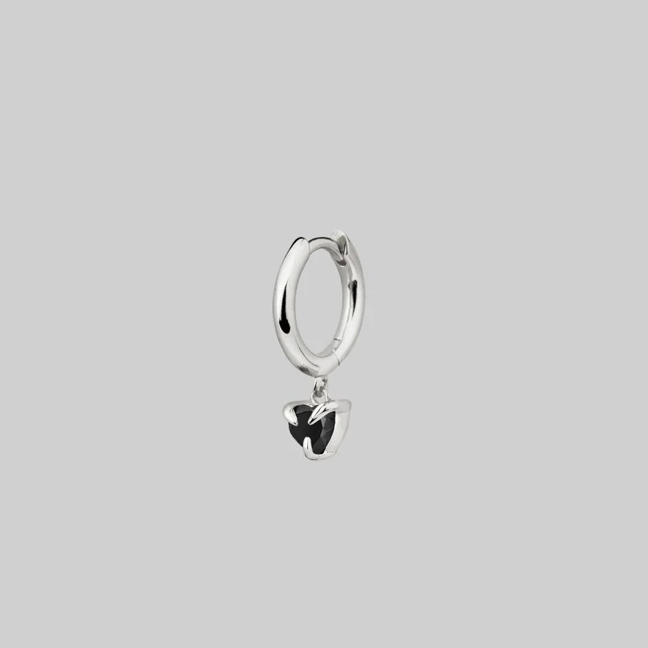 HEART & SOUL. Black Spinel Dangly Heart Hoop Earrings - Silver - Image 5