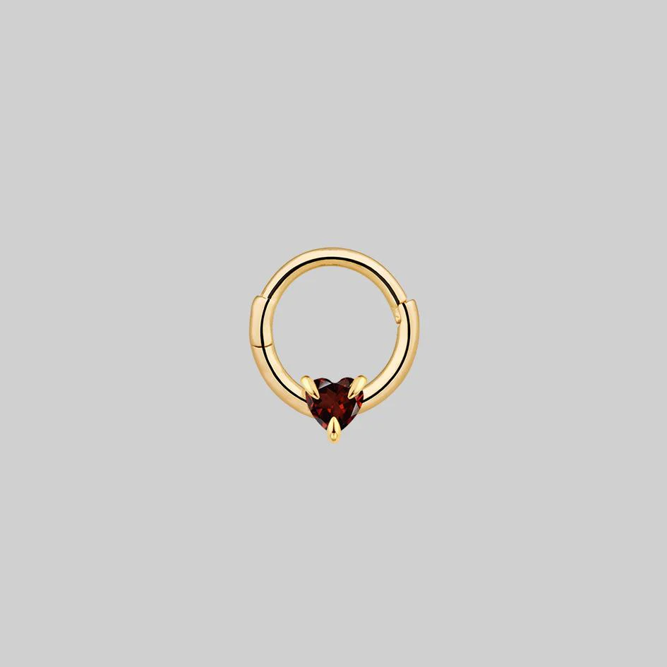 HEART & SOUL. Garnet Heart Septum Clicker Ring - Gold - Image 4