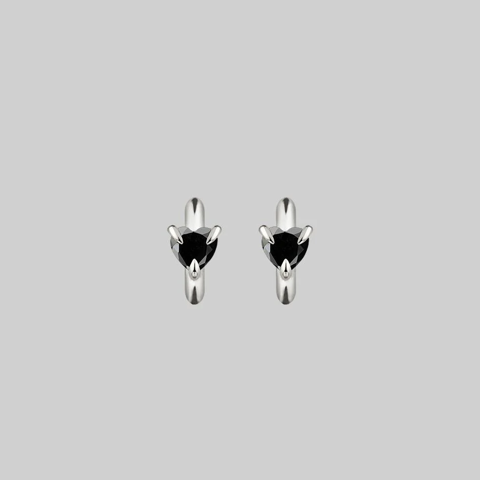 HEART & SOUL. Black Spinel Heart Hoop Earrings - Silver - Image 3