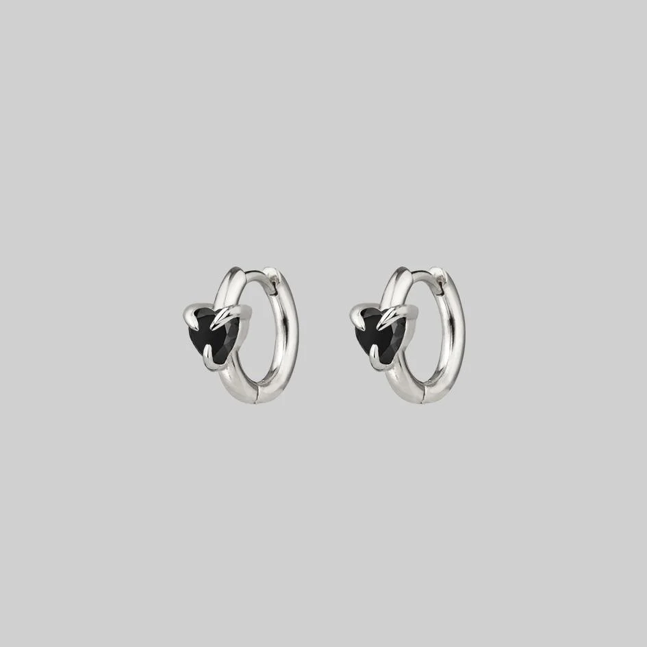 HEART & SOUL. Black Spinel Heart Hoop Earrings - Silver - Image 4