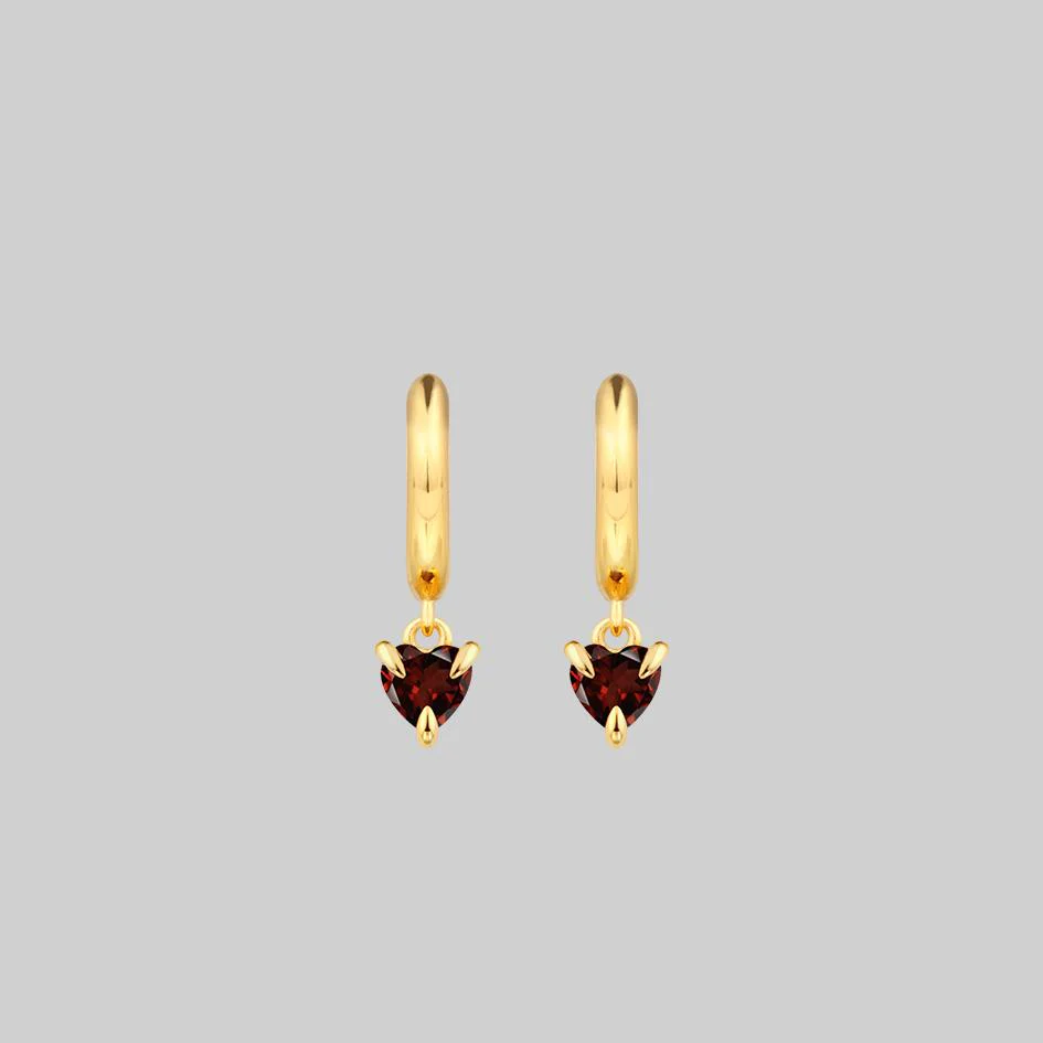 HEART & SOUL. Garnet Dangly Heart Hoop Earrings - Gold - Image 3