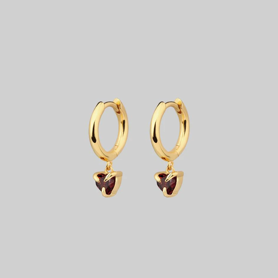 HEART & SOUL. Garnet Dangly Heart Hoop Earrings - Gold - Image 4