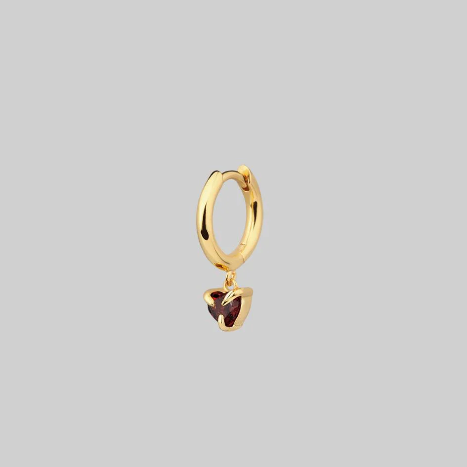HEART & SOUL. Garnet Dangly Heart Hoop Earrings - Gold - Image 5