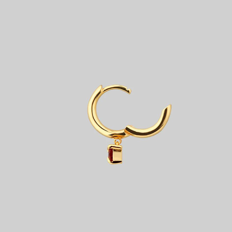 HEART & SOUL. Garnet Dangly Heart Hoop Earrings - Gold - Image 7