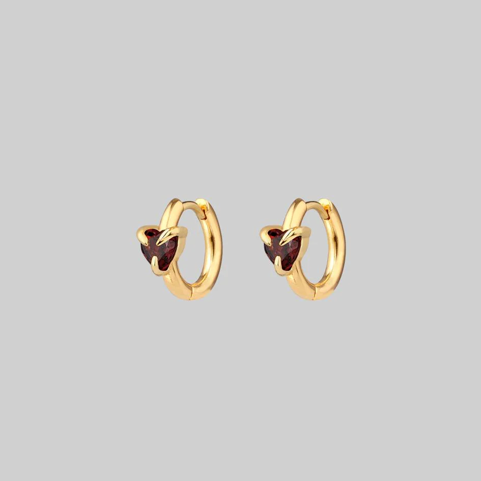HEART & SOUL. Garnet Heart Hoop Earrings - Gold - Image 4