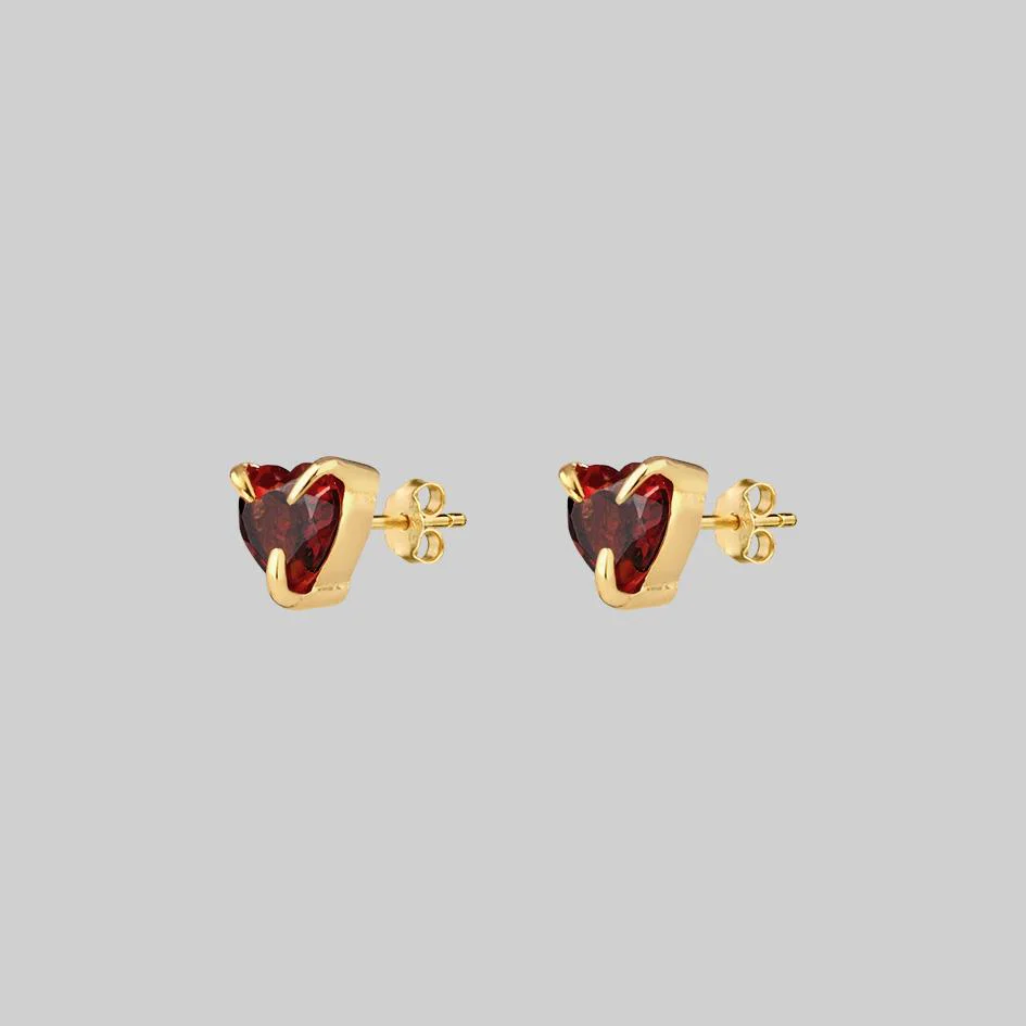 HEART & SOUL. Garnet Heart Stud Earrings - Gold - Image 2