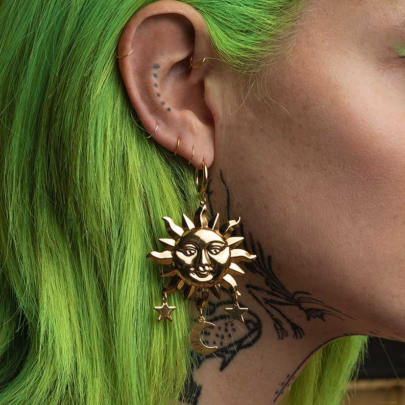 HELIOS. Sun & Moon Dream Catcher Hoop Earrings - Gold - Image 2