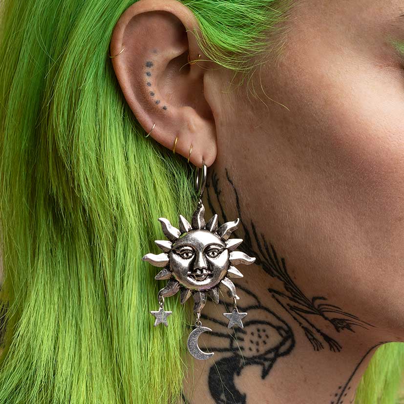 HELIOS. Sun & Moon Dream Catcher Hoop Earrings - Silver - Image 2