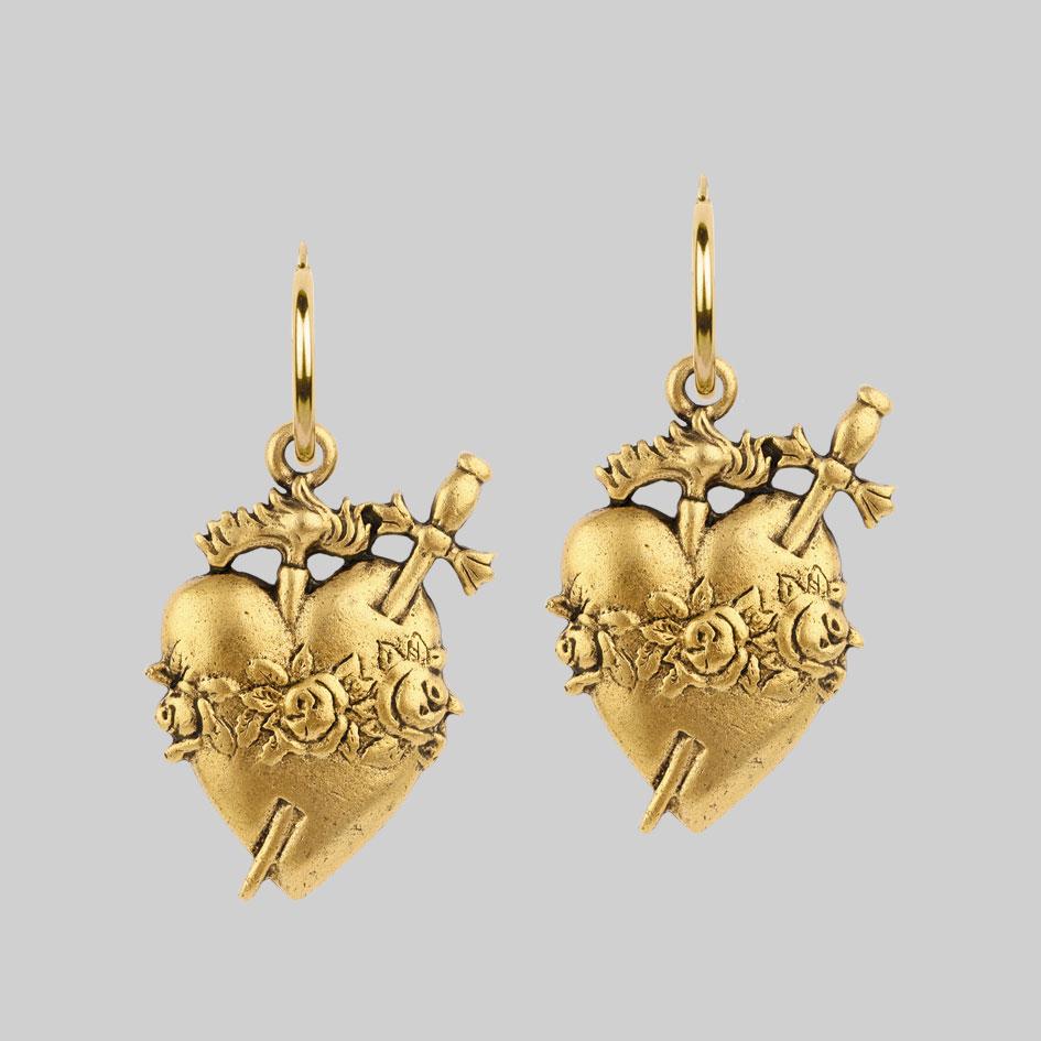 INFERNO. Sacred Heart Hoop Earrings - Gold - Image 3