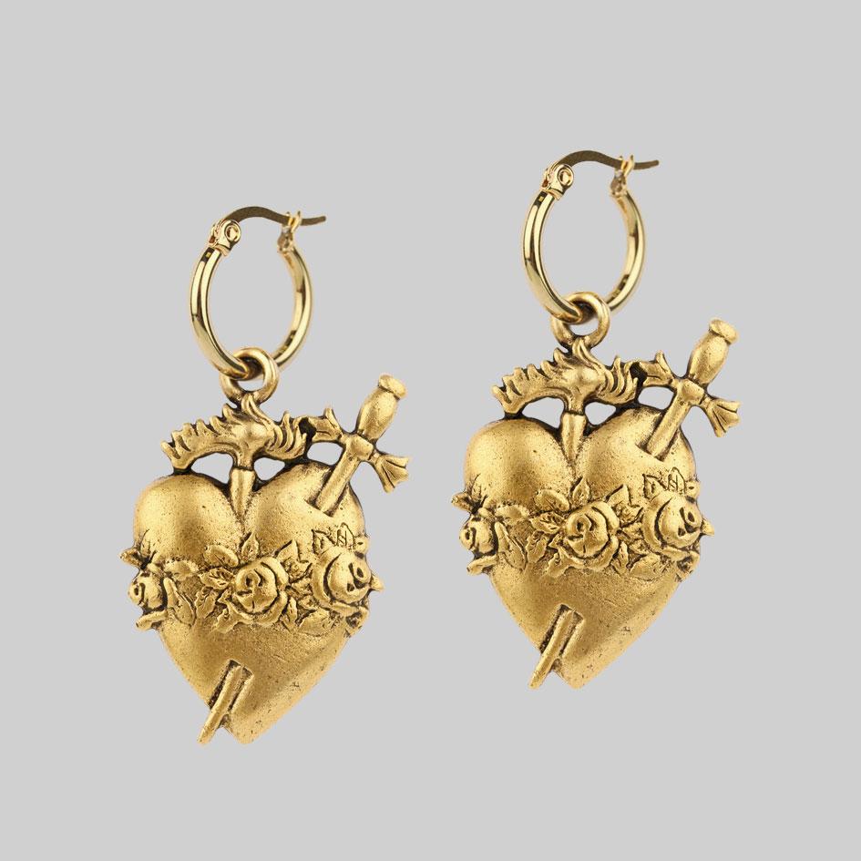 INFERNO. Sacred Heart Hoop Earrings - Gold - Image 4