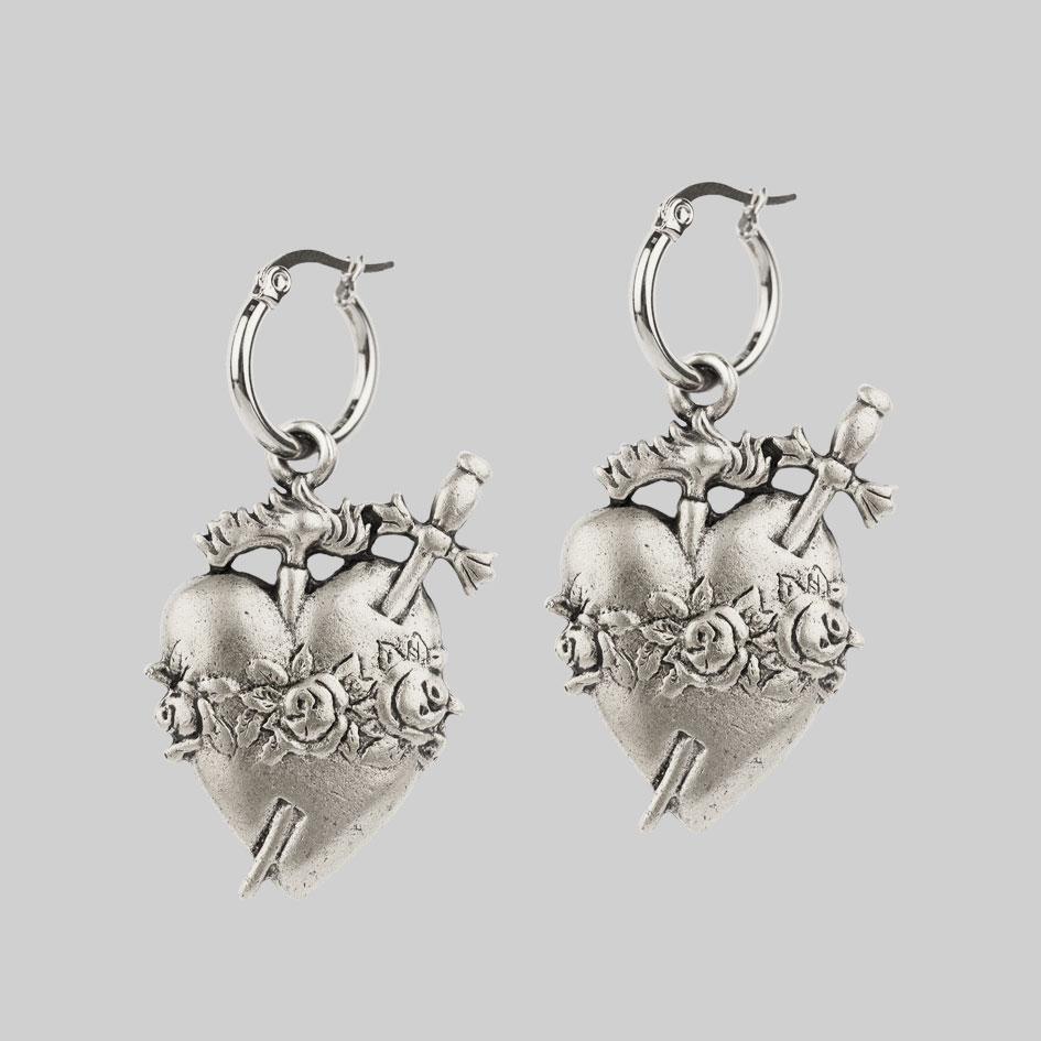 INFERNO. Sacred Heart Hoop Earrings - Silver - Image 3
