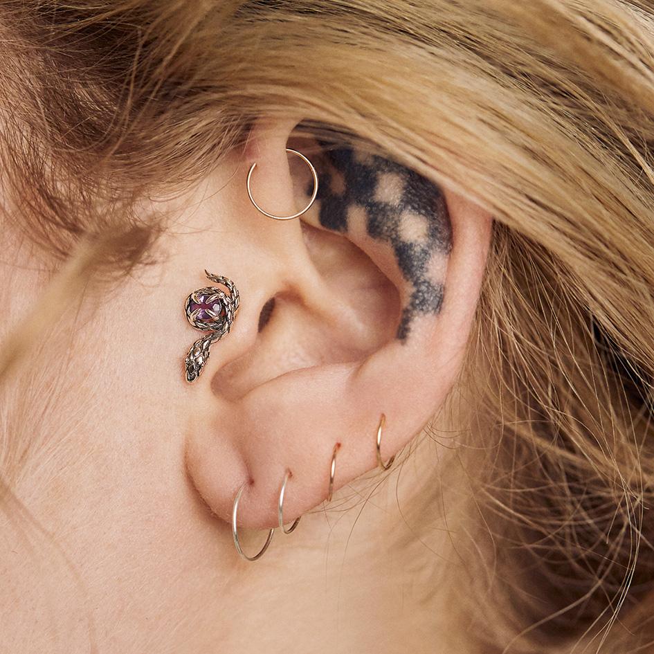 INSIDIOUS. Amethyst Coiled Snake Stud Earring - Gold - Image 2