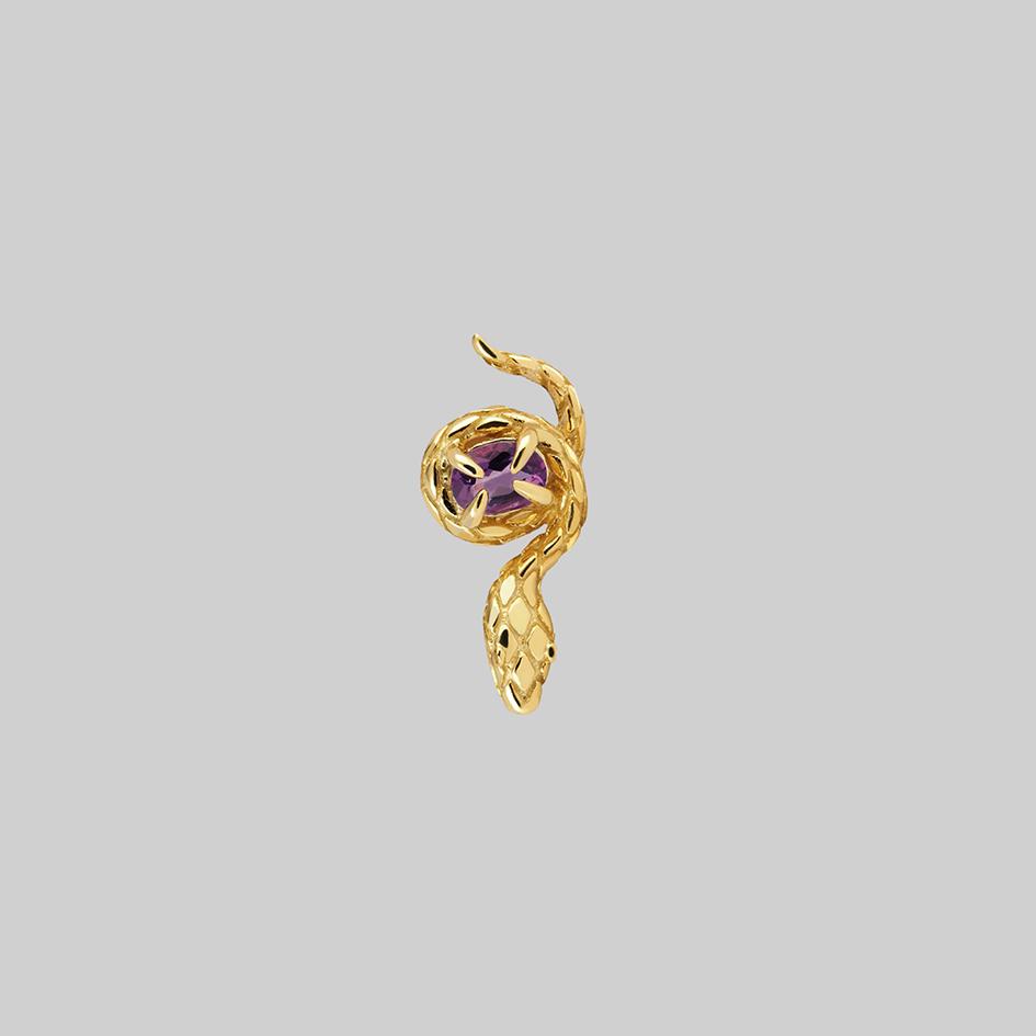 INSIDIOUS. Amethyst Coiled Snake Stud Earring - Gold - Image 3