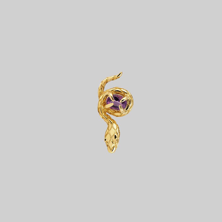 INSIDIOUS. Amethyst Coiled Snake Stud Earring - Gold - Image 4