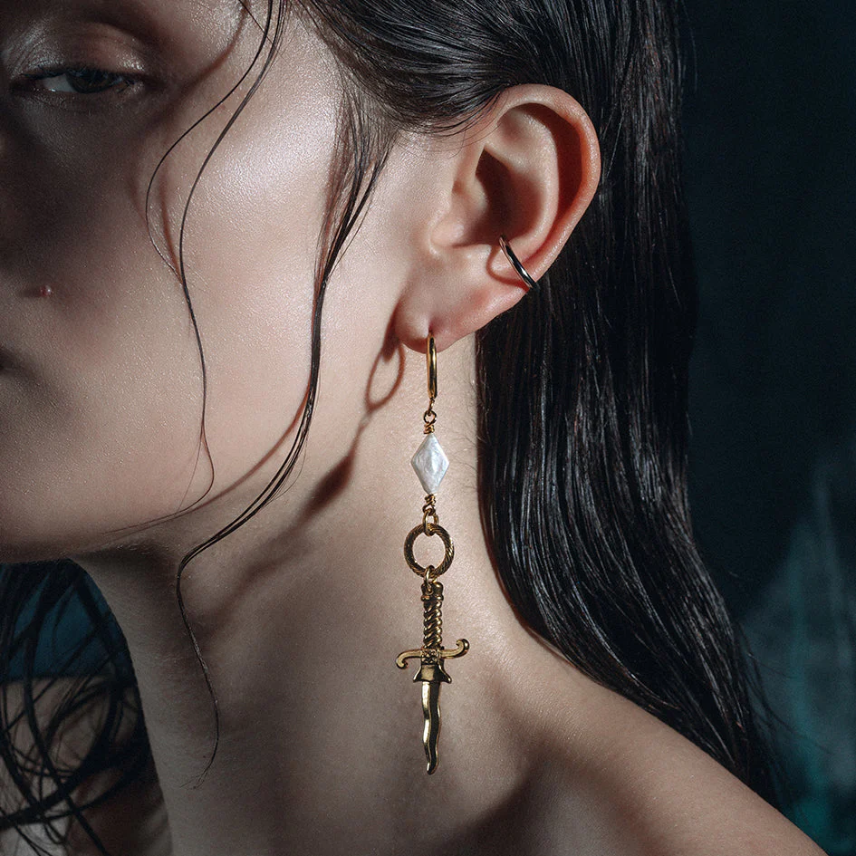 LAWLESS. Dagger and Pearl Hoop Earrings - Gold