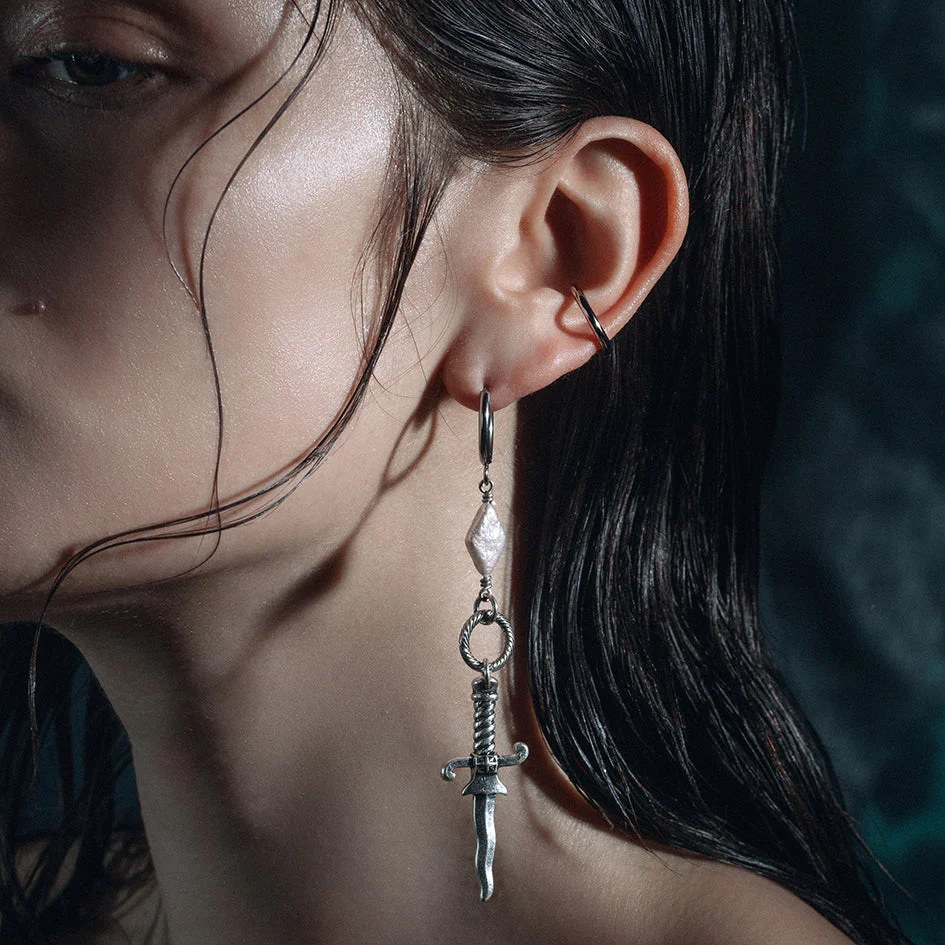 LAWLESS. Dagger and Pearl Hoop Earrings - Silver - Image 2