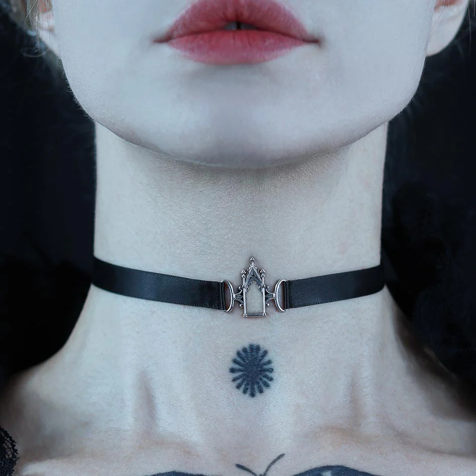 LENORE. Gothic Arch Window Satin Choker - Silver - Image 3