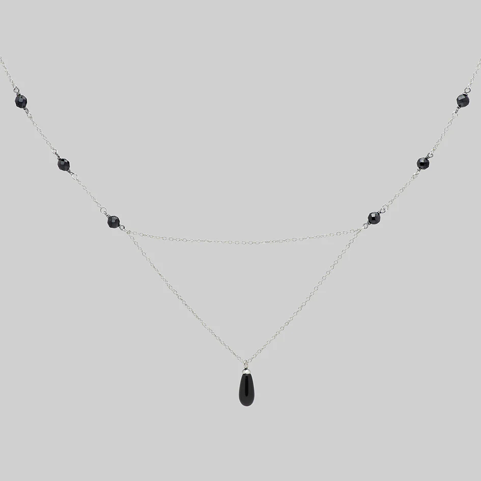 LEONA. Black Glass Droplet Necklace - Silver