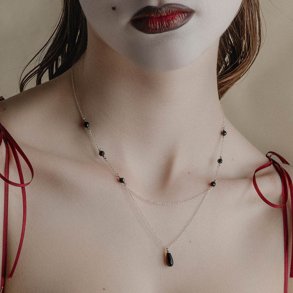LEONA. Black Glass Droplet Necklace - Silver - Image 2