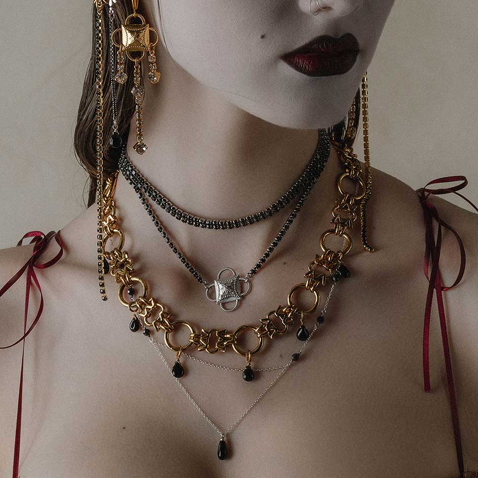 LEONA. Black Glass Droplet Necklace - Silver - Image 3
