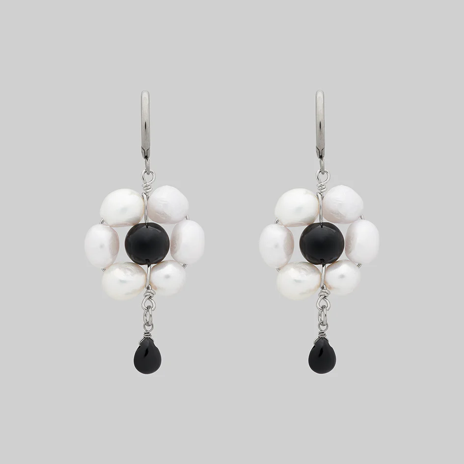 LILLIAN. Pearl Daisy Hoop Earrings - Silver