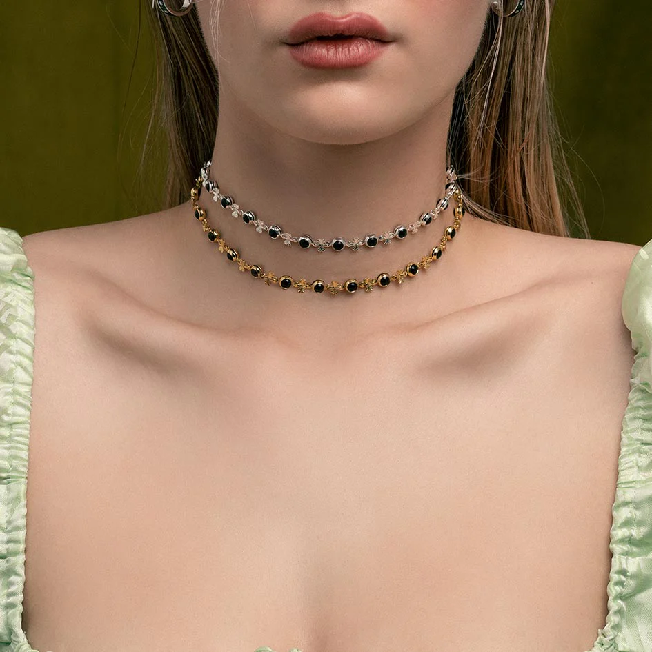 LISBET. Cross & Black Glass Choker - Gold - Image 2