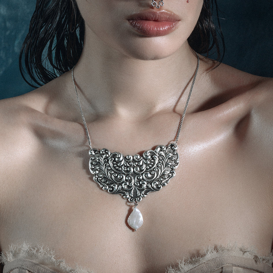LONGLOST. Ornamental Teardrop Pearl Necklace - Silver - Image 2