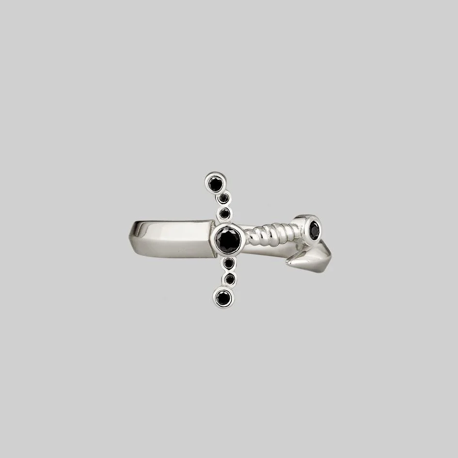 MAJESTY. Black Spinel Dagger Wrap Ring - Silver