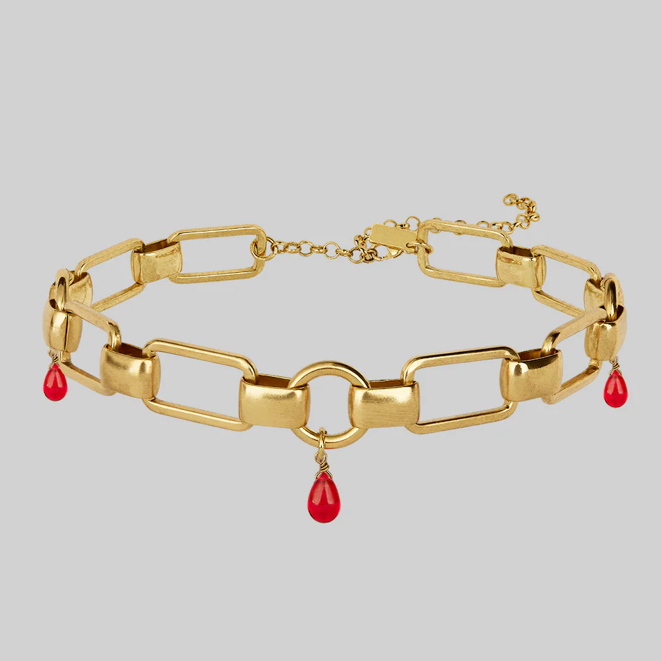 MALEVOLENT. Red Glass Droplet Chunky Chain Choker - Gold - Image 2
