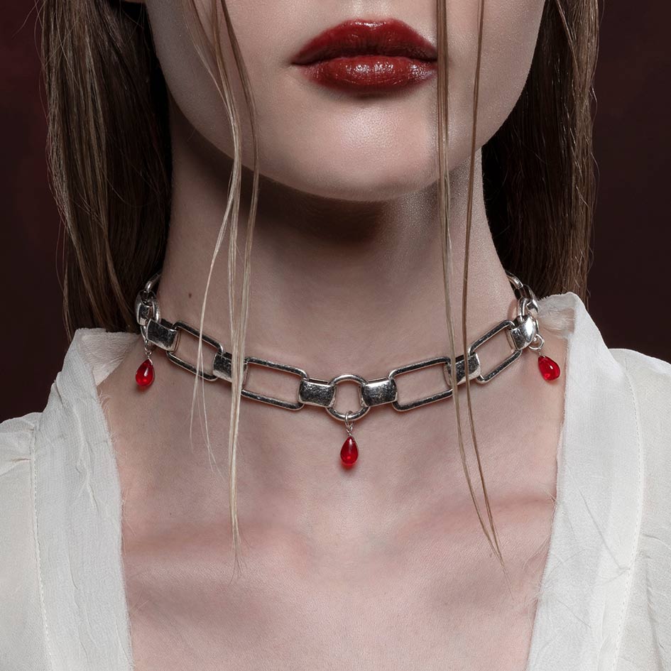 MALEVOLENT. Red Glass Droplet Chunky Chain Choker - Silver - Image 2