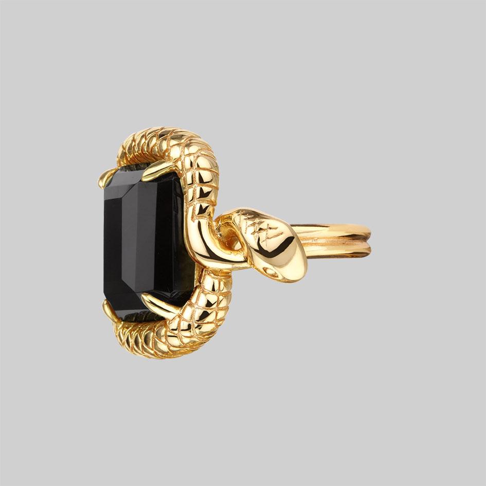 MALICE. Black Spinel Coiled Snake Cocktail Ring - Gold - Image 3