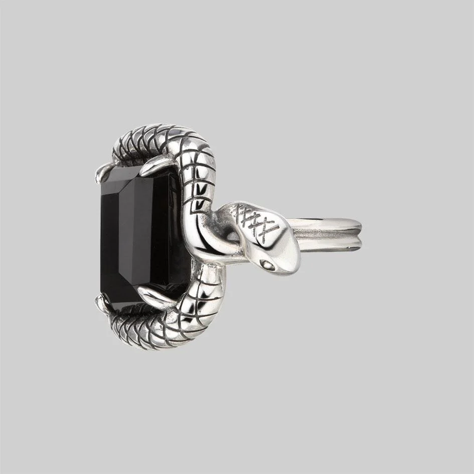 MALICE. Black Spinel Coiled Snake Cocktail Ring - Silver - Image 3