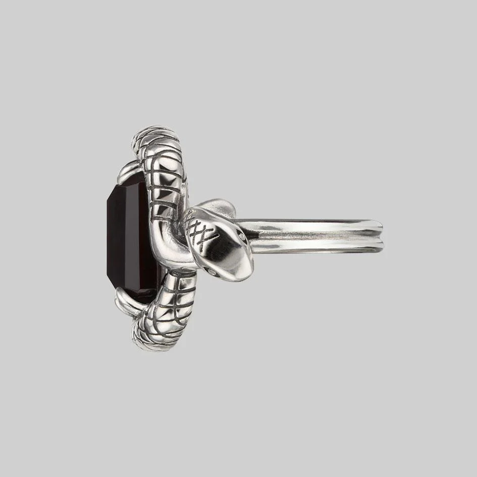 MALICE. Black Spinel Coiled Snake Cocktail Ring - Silver - Image 4
