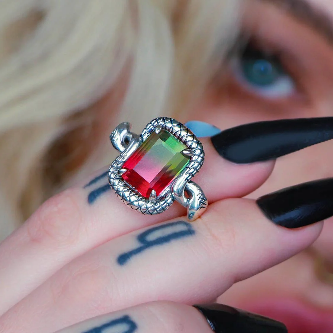 MALICE. Tourmaline CZ Coiled Snake Cocktail Ring - Silver - Image 2