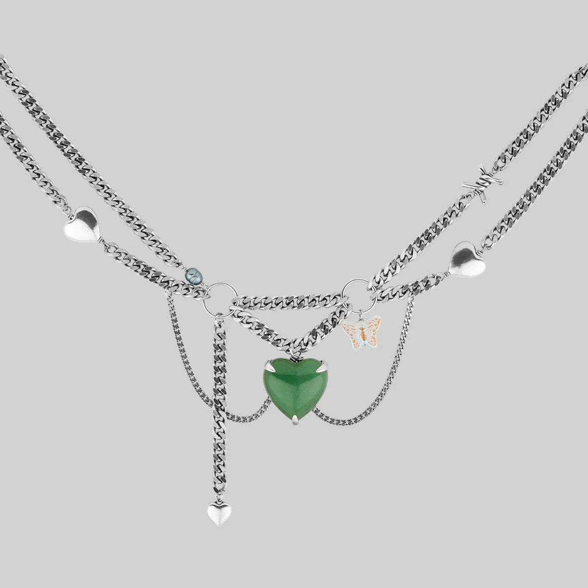 METAMORPHOSIS. Gemstone Heart & Chain Charm Necklace - Silver - Image 3