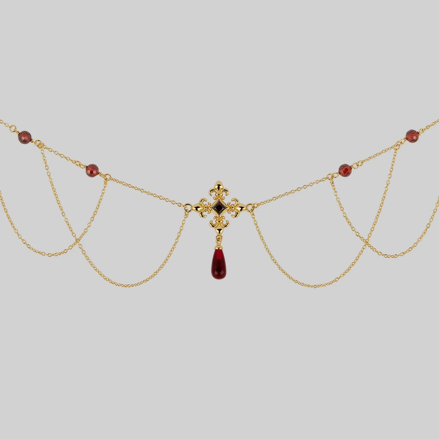 MUTINY. Fleur de Lis Multi-Drop Garnet Collar - Gold - Image 2