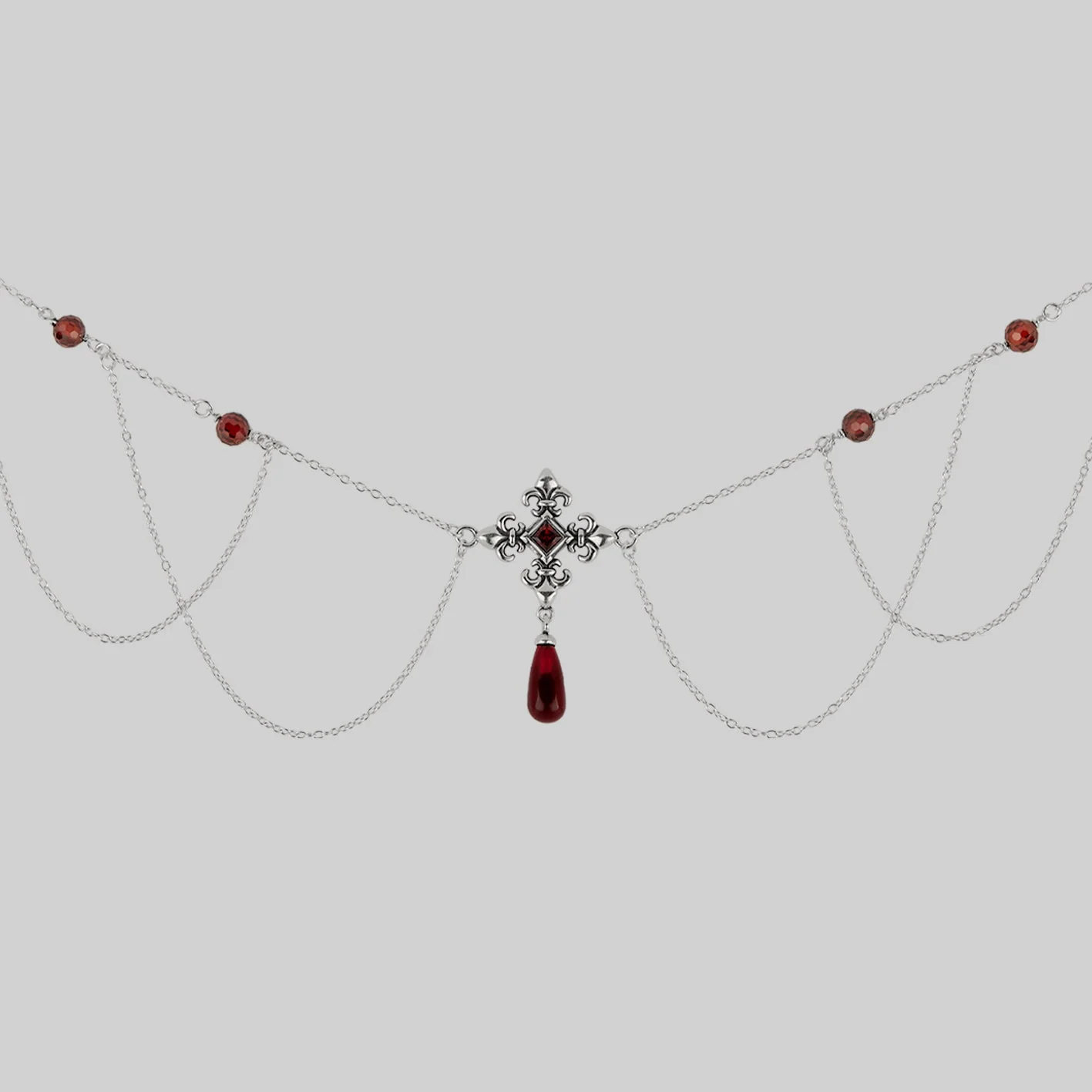 MUTINY. Fleur de Lis Multi-Drop Garnet Collar - Silver